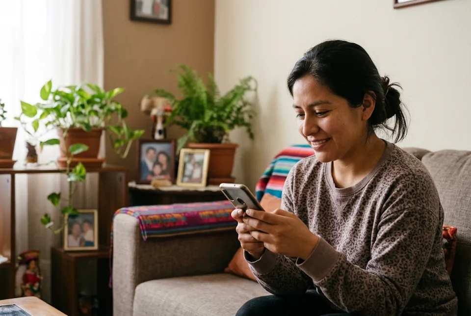 Mujer revisando opciones de préstamo en su celular